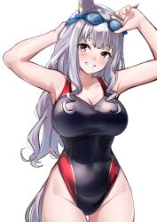 Rule 34 | 1girl, animal ears, armpits, arms up, black one-piece swimsuit, blunt bangs, breasts, covered navel, goggles, goggles on head, gold ship (umamusume), grey hair, grin, herohero (higashi no dou), highres, horse ears, horse girl, horse tail, large breasts, long hair, one-piece swimsuit, parted lips, purple eyes, simple background, smile, solo, swimsuit, tail, thigh gap, two-tone swimsuit, umamusume, white background