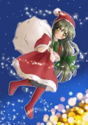 Rule 34 | 1girl, alternate costume, bag, blue background, blush, boots, bow, capelet, christmas, clannad, closed mouth, commentary request, dress, dutch angle, expressionless, full body, fur-trimmed capelet, fur-trimmed dress, fur trim, gift bag, green bow, green hair, hair between eyes, hair bow, hands up, hat, highres, holding, holding bag, ibuki fuuko, long hair, looking at viewer, low-tied long hair, santa boots, santa capelet, santa costume, santa dress, santa hat, sidelocks, simple background, solo, star (symbol), very long hair, wasabi11060612, yellow eyes