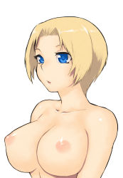 Rule 34 | 1girl, bad id, bad pixiv id, blonde hair, blue eyes, breasts, collarbone, female focus, final fantasy, final fantasy tactics, huge breasts, large breasts, monk, monk (fft), nipples, nude, parted lips, short hair, simple background, solo, topless frame, tsukudani (coke-buta), upper body, white background