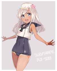 Rule 34 | 10s, 1girl, absurdres, black neckerchief, blonde hair, blouse, blue eyes, blue one-piece swimsuit, blue sailor collar, character name, clothes writing, covered navel, cowboy shot, crop top, flower, from side, grey background, hair flower, hair ornament, highres, japanese flag, kantai collection, looking at viewer, neckerchief, one-piece swimsuit, one-piece tan, open mouth, outside border, outstretched arms, ro-500 (kancolle), sailor collar, school swimsuit, shirt, simple background, sleeveless, sleeveless shirt, solo, standing, swimsuit, swimsuit under clothes, tan, tanline, thighs, unajuu (set mk), white shirt