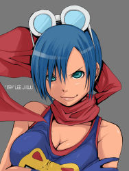Rule 34 | 1girl, bare shoulders, blue hair, breasts, cape, cleavage, goggles, goggles on head, jankey, may lee, short hair, snk, solo, the king of fighters