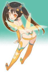 Rule 34 | 1girl, :o, ass, bad id, bad pixiv id, bare shoulders, black hair, blade (galaxist), blush, fairy field, hair ornament, halftone, halftone background, long hair, orange eyes, pointy ears, solo, thighhighs, twintails, wings, yellow thighhighs