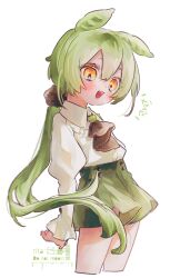 Rule 34 | 1girl, ascot, collared shirt, commentary, green hair, green shorts, hair between eyes, highres, long hair, long sleeves, looking down, low ponytail, multicolored eyes, open mouth, puffy sleeves, rt26, shirt, shorts, solo, translated, voicevox, white shirt, zundamon