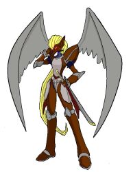 Rule 34 | armor, digimon, digimon (creature), duftmon, simple background, sword, weapon, white background, wings