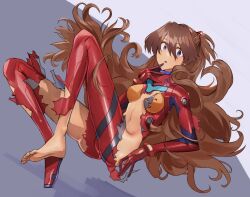Rule 34 | 1girl, absurdly long hair, blue eyes, bodysuit, breasts, brown hair, cleft of venus, evangelion: 3.0+1.0 thrice upon a time, floating hair, full body, hair between eyes, hair down, highres, large breasts, lips, long hair, looking at viewer, neon genesis evangelion, plugsuit, rebuild of evangelion, red bodysuit, shiny clothes, shiny skin, simple background, skin tight, skindentation, solo, souryuu asuka langley, thighs, toes, torn clothes, very long hair, wardrobe malfunction, wide hips, yagisawa teru