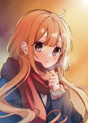 Rule 34 | 1girl, :o, ahoge, alternate costume, blonde hair, blush, breath, cold, futaba anzu, highres, holding, holding clothes, holding scarf, idolmaster, idolmaster cinderella girls, looking at viewer, red scarf, rino cnc, scarf, solo, twintails, upper body