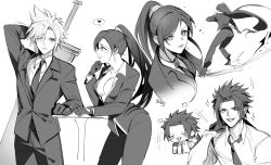 Rule 34 | 1girl, 2boys, black gloves, black hair, blush, breasts, buster sword, cloud strife, duoj ji, earrings, final fantasy, final fantasy vii, final fantasy vii remake, formal, gloves, greyscale, high heels, high ponytail, highres, huge weapon, jewelry, large breasts, long hair, looking at another, looking at viewer, monochrome, multiple boys, necktie, sparkle, spiked hair, suit, tifa lockhart, turks (costume), weapon, weapon on back, zack fair