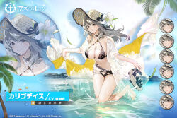 Rule 34 | 1girl, azur lane, barefoot, bikini, black bikini, breasts, character name, charybdis (azur lane), charybdis (prim sea breeze) (azur lane), closed mouth, copyright name, day, earrings, expressions, floating hair, flower, grey eyes, grey hair, hair between eyes, hat, hat flower, highres, holding, jewelry, large breasts, long hair, looking at viewer, multiple views, ocean, official alternate costume, official art, open mouth, outdoors, palm leaf, parted lips, petals, promotional art, sandals, unworn sandals, see-through, skindentation, smile, straw hat, stud earrings, sun hat, swimsuit, thighs, wading, wet, white flower, zoom layer