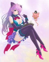 Rule 34 | 1girl, absurdres, animal ears, antenna hair, bare shoulders, black gloves, black thighhighs, book, breasts, cat, cat ears, checkered background, cleavage, covered erect nipples, crossed legs, elbow gloves, gloves, hat, high heels, highres, holding, kanzeon, large breasts, legs, long hair, long legs, looking at viewer, magic circle, open mouth, original, pen, purple eyes, purple hair, shoes, sitting, skirt, solo, thighhighs, thighs