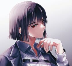 Rule 34 | 1girl, 3cnfw, black coat, black hair, closed mouth, coat, coat on shoulders, collared shirt, hand up, highres, limbus company, looking at viewer, project moon, red eyes, ryoshu (project moon), shirt, short hair, solo, white shirt