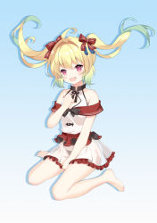 Rule 34 | 1girl, albacore (warship girls r), bare shoulders, barefoot, between legs, bikini, bikini under clothes, black bikini, black bow, blonde hair, blue hair, bow, breasts, cleavage, collarbone, commentary request, frilled skirt, frills, gradient hair, hair between eyes, hair bow, hand between legs, hand up, heart, heart-shaped pupils, highres, jiucheng nainai, multicolored hair, pleated skirt, purple eyes, red bow, see-through, shirt, sitting, skirt, sleeveless, sleeveless shirt, small breasts, solo, striped, striped bow, swimsuit, symbol-shaped pupils, twintails, wariza, warship girls r, white shirt, white skirt