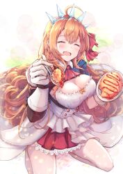 Rule 34 | 1girl, blush, breasts, closed eyes, dress, food, gloves, hakuya (white night), highres, kneeling, large breasts, long hair, offering food, open mouth, orange hair, pecorine (princess connect!), princess connect!, skirt, smile, spoon, thighhighs, tiara, white thighhighs