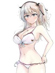 Rule 34 | 1girl, aged up, alternate breast size, alternate costume, bad id, bad pixiv id, bikini, bing115, blonde hair, blush, boko (girls und panzer), bracelet, breasts, cleavage, commission, from below, girls und panzer, groin, hair between eyes, highres, jewelry, medium breasts, navel, shimada arisu, short twintails, solo, swimsuit, twintails, white background, yellow eyes