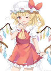 Rule 34 | 1girl, ascot, back bow, blonde hair, blush, bow, breasts, collarbone, collared shirt, commentary request, crystal, dress, eyes visible through hair, fingernails, flandre scarlet, frills, hair between eyes, hand up, hat, hat bow, highres, jewelry, long fingernails, looking at viewer, medium breasts, mob cap, multicolored wings, nail polish, one eye closed, one side up, open mouth, puffy short sleeves, puffy sleeves, ramudia (lamyun), red bow, red dress, red eyes, red nails, shirt, short hair, short sleeves, solo, standing, touhou, white bow, white hat, white shirt, wings, wrist cuffs, yellow ascot