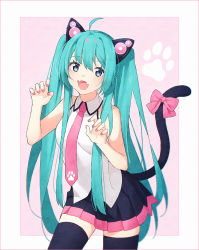 Rule 34 | 1girl, :d, ahoge, animal ears, bare shoulders, black skirt, black thighhighs, blue eyes, blush, breasts, cat ears, cat girl, cat tail, claw pose, collared shirt, commentary, fangs, fingernails, green hair, hair between eyes, hakusai (tiahszld), hands up, hatsune miku, kemonomimi mode, long hair, looking at viewer, nail polish, necktie, open mouth, pink nails, pink necktie, pleated skirt, shirt, skirt, sleeveless, sleeveless shirt, small breasts, smile, solo, tail, thighhighs, twintails, very long hair, vocaloid, white shirt