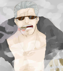 Rule 34 | 1boy, cigar, gradient background, grey hair, highres, jacket, male focus, nude jacket, one piece, scar, smoke, smoker (one piece), smoking, solo, sunglasses, topless male