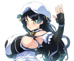 Rule 34 | 1girl, bad tag, black gloves, black hair, blush, bracelet, breasts, character request, copyright request, dress, earrings, elbow gloves, fingerless gloves, from side, gloves, hat, hirowa nagi, huge breasts, jewelry, long hair, looking at viewer, open mouth, sideboob, simple background, sleeveless, solo, tagme, upper body, white background, white headwear, yellow eyes
