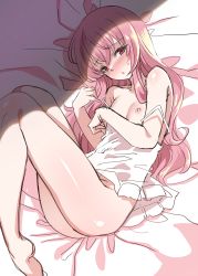 Rule 34 | 1girl, absurdres, ass, bare shoulders, bed sheet, blush, bottomless, breasts, camisole, covered navel, frilled camisole, frills, hair between eyes, harigane shinshi, highres, long hair, looking at viewer, louise francoise le blanc de la valliere, lying, nipples, no panties, off shoulder, on side, open mouth, pink hair, red eyes, see-through, sidelocks, small breasts, sweat, very long hair, zero no tsukaima