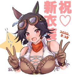 Rule 34 | 1girl, animal ears, bandaid, bandaid on face, bandana, black hair, breasts, brown gloves, brown shirt, celebration, cleavage, clothing cutout, collared shirt, commentary request, cropped shirt, cropped torso, dated, double v, ear covers, feather hair ornament, feathers, frilled shirt, frilled sleeves, frills, gloves, goggles, goggles on head, hair ornament, hair rings, heart, highres, horse girl, kamaboco (kayada), looking at viewer, low twintails, official alternate costume, open mouth, red bandana, red eyes, ribbon, shirt, short hair, short sleeves, shoulder cutout, smile, solo, star (symbol), text background, translated, twintails, umamusume, v, white ribbon, wing collar, winning ticket (dream deliverer) (umamusume), winning ticket (umamusume)