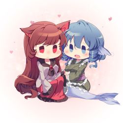 Rule 34 | 2girls, animal ears, blue eyes, brooch, brown hair, closed mouth, dress, drill hair, drill sidelocks, fins, full body, green kimono, head fins, highres, imaizumi kagerou, japanese clothes, jewelry, kemo chiharu, kimono, long hair, looking at another, mermaid, monster girl, multiple girls, open mouth, red dress, red eyes, short hair, sidelocks, tears, touhou, two-tone dress, wakasagihime, white dress, wolf ears