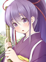 Rule 34 | 1girl, bamboo, commentary request, day, hair between eyes, hands up, high ponytail, holding, japanese clothes, kimono, kozue akari, long hair, looking at viewer, nail polish, outdoors, paper hat, paper kabuto, parted lips, pink nails, ponytail, purple eyes, purple hair, purple kimono, sengoku otome, solo, tokugawa ieyasu (sengoku otome), upper body