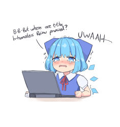 Rule 34 | 1girl, blue bow, blue dress, blue eyes, blue hair, blush, bow, cirno, clenched hand, collared shirt, commentary, computer, crying, dress, english commentary, english text, flying sweatdrops, hair bow, highres, ice, ice wings, laptop, mouse (computer), neck ribbon, nose blush, open mouth, puffy short sleeves, puffy sleeves, red ribbon, ribbon, shirt, short hair, short sleeves, simple background, solo, tearing up, tears, touhou, trembling, vanilla flan, wavy mouth, white background, white shirt, wings
