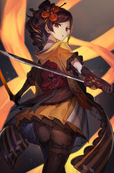 Rule 34 | 1girl, absurdres, ass, black gloves, brown hair, chiori (genshin impact), choker, commentary, cowboy shot, drill hair, dual wielding, earrings, from behind, genshin impact, gloves, hair ornament, hairpin, highres, holding, holding sword, holding weapon, japanese clothes, jewelry, kimono, looking at viewer, parted lips, pink choker, popupi 12, red eyes, ribbon, short jumpsuit, short kimono, short sleeves, side drill, solo, stud earrings, sword, weapon, yellow kimono, yellow ribbon