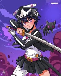 Rule 34 | 1girl, anacathie, animal, black cat, black hair, cat, commentary, english commentary, glowing, glowing eyes, helmet, highres, jacket, jolly roger, katana, mariko (quiccs), mask, mask on head, mechanical hands, official art, original, purple eyes, second-party source, short hair, single mechanical hand, skull and crossed swords, skull mask, sword, thick lips, v-fin, weapon