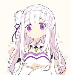Rule 34 | 1girl, beige background, blunt bangs, braid, closed mouth, commentary, crossed arms, crown braid, detached sleeves, emilia (re:zero), expressionless, floral background, flower, gem, hair flower, hair ornament, hair ribbon, long hair, long sleeves, looking at viewer, melanbread, no nose, pointy ears, purple eyes, purple ribbon, re:zero kara hajimeru isekai seikatsu, ribbon, simple background, solo, symbol-only commentary, tareme, upper body, white flower, white hair, wide sleeves