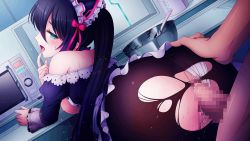 Rule 34 | 1boy, 1girl, aino pico, ass grab, bent over, black hair, black pantyhose, blue eyes, bow, breasts, censored, clothing aside, game cg, hair bow, half-closed eyes, kitchen, long hair, medium breasts, mosaic censoring, nipples, off shoulder, official art, open mouth, panties, panties aside, pantyhose, penis, pussy juice, red bow, sex, sex from behind, sora no kanata no dystopia x shitei, sweatdrop, torn clothes, torn legwear, twintails, underwear, vaginal, very long hair, white panties