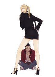 Rule 34 | 1boy, 1girl, black hair, black jacket, blonde hair, cat, commentary, denim, from behind, hand on own hip, hanpetos, high heels, indian style, jacket, jeane (cat), jeans, looking back, miniskirt, no more heroes, pants, parted lips, pencil skirt, ponytail, red jacket, shoes, sitting, skirt, sneakers, sunglasses, sylvia christel, travis touchdown