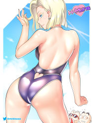 Rule 34 | 1girl, 2boys, android 18, artist name, ass, back, backless swimsuit, bald, blonde hair, blood, blue eyes, bob cut, chibi, chibi inset, clothing cutout, colored eyelashes, contrapposto, cowboy shot, day, dragon ball, dragonball z, earrings, etchimune, excessive nosebleed, fingernails, from behind, hair flip, heart cutout, jewelry, kuririn, light smile, lips, multiple boys, muten roushi, nose, nosebleed, one-piece swimsuit, purple one-piece swimsuit, raised eyebrows, solo focus, swimsuit, thigh gap, thighs, turning head, twitter logo, view between legs