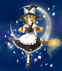 Rule 34 | 1girl, bad id, bad pixiv id, blonde hair, braid, broom, broom riding, female focus, full body, gradient background, hat, kirisame marisa, lantern, long hair, mary janes, moon, outdoors, satou (sugar), shoes, skirt, sky, solo, touhou, witch, witch hat, yellow eyes