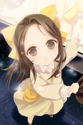 Rule 34 | 1girl, bag, bow, brown eyes, brown hair, child, dress, hair ribbon, holding, layna scentriver, long hair, lowres, name tag, open mouth, outstretched hand, pointing, reum, ribbon, school bag, school uniform, skirt, skirt tug, socks, solo, stuffed animal, stuffed toy, sword girls, teddy bear, white socks