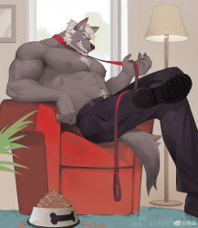 Rule 34 | 1boy, animal ears, bara, beard, black pants, chest hair, couch, dog boy, dog ears, dog tail, facial hair, frde, furry, furry male, grey fur, grin, highres, holding, holding leash, indoors, large pectorals, leash, leg up, looking at viewer, male focus, mature male, muscular, muscular male, navel hair, nipples, on couch, original, pants, pectorals, pet food, short hair, smile, solo, tail, thick eyebrows, topless male, white hair