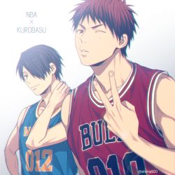 Rule 34 | 2boys, bare shoulders, basketball jersey, basketball uniform, black eyes, black hair, blue shirt, blurry, chicago bulls, closed mouth, clothes writing, collarbone, commentary request, copyright name, depth of field, grey background, hair over one eye, hand on own neck, hand up, himuro tatsuya, kagami taiga, kuroko no basuke, lens flare, looking at viewer, male focus, mashima shima, multiple boys, national basketball association, new york knicks, one eye closed, parted lips, red eyes, red hair, red shirt, shirt, short hair, simple background, sleeveless, sleeveless shirt, smile, sportswear, twitter username, upper body, v