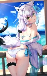 Rule 34 | 1girl, ahoge, animal ear fluff, animal ears, ass, back, bare shoulders, bikini, breasts, cowboy shot, day, flower, fox ears, fox tail, green eyes, hair flower, hair ornament, halterneck, hibiscus, highres, hololive, innertube, jacket, long hair, long sleeves, looking at viewer, looking back, medium breasts, ocean, off shoulder, open clothes, open jacket, outdoors, panipo, parted lips, shirakami fubuki, side-tie bikini bottom, solo, string bikini, swim ring, swimsuit, tail, thigh strap, thighs, virtual youtuber, white bikini, white hair, white jacket