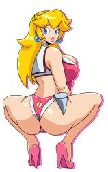 Rule 34 | 1girl, absurdres, ass, ass cutout, blonde hair, blue eyes, breasts, butt crack, clothing cutout, cosplay, earrings, heart cutout, high heels, highres, iggybomb, jewelry, large breasts, legs, lipstick, long hair, makeup, mario (series), midriff, nintendo, pink lips, princess, princess peach, shirt, shorts, sideboob, smile, space dandy, squatting, thick thighs, thighs, tied shirt