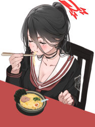 Rule 34 | 1girl, :t, black hair, black shirt, blue archive, blush, bowl, breasts, chair, chopsticks, cleavage, closed mouth, collarbone, eating, food, hair between eyes, halo, hasumi (blue archive), highres, holding, holding chopsticks, icehotmilktea, large breasts, long hair, long sleeves, mole, mole under eye, noodles, on chair, ponytail, sailor collar, shirt, simple background, solo, table, upper body, white background, white sailor collar