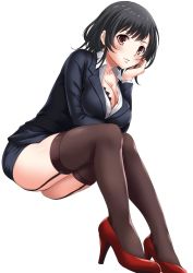 Rule 34 | 10s, 1girl, alternate costume, black hair, black thighhighs, breasts, cleavage, collarbone, female focus, formal, full body, garter straps, head rest, high heels, jacket, jpeg artifacts, kantai collection, large breasts, leaning forward, long sleeves, miniskirt, office lady, pencil skirt, red eyes, red footwear, sakiyamama, shoes, simple background, sitting, skirt, skirt suit, solo, suit, takao (kancolle), thighhighs, thighs, white background