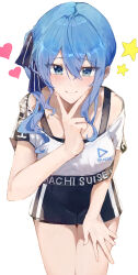 Rule 34 | 1girl, blue eyes, blue hair, closed mouth, heart, highres, hololive, hololive dance practice uniform, hoshimachi suisei, leaning forward, official alternate costume, shirt, short shorts, shorts, side ponytail, smile, solo, star (symbol), v over mouth, virgo76612871, virtual youtuber, white background, white shirt