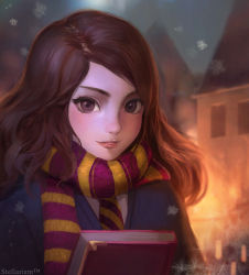 Rule 34 | 1girl, artist name, blush, book, brown eyes, brown hair, christmas, gryffindor, harry potter (series), hermione granger, highres, hogwarts school uniform, holding, holding book, looking at viewer, medium hair, necktie, outdoors, parted lips, scarf, school uniform, smile, snowflakes, snowing, solo, stella chen yui, striped clothes, striped necktie, striped neckwear, striped scarf, wizarding world