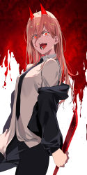 Rule 34 | 1girl, absurdres, black necktie, blood, bloody weapon, brown hair, chainsaw man, cross-shaped pupils, dagger, hair between eyes, highres, holding, holding dagger, holding knife, holding weapon, horns, ibaraki shun, knife, long hair, necktie, non porn, open mouth, power (chainsaw man), red eyes, red horns, reverse grip, sharp teeth, solo, symbol-shaped pupils, teeth, tongue, weapon, yellow pupils