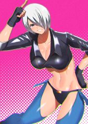 Rule 34 | 1girl, akisu k, angel (kof), blue eyes, boots, bra, breasts, chaps, cowboy boots, cropped jacket, horns pose, fingerless gloves, gloves, hair over one eye, index fingers raised, jacket, large breasts, leather, leather jacket, looking at viewer, snk, strapless, strapless bra, the king of fighters, the king of fighters xiv, toned, underwear, white hair