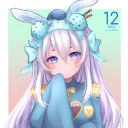 Rule 34 | 1girl, :&lt;, absurdres, artist name, blue eyes, blush, border, borrowed character, character name, closed mouth, commentary, english commentary, food, gradient background, grey hair, hair between eyes, hand up, head tilt, heart, heart-shaped pupils, highres, ice cream, long sleeves, looking at viewer, melting, multicolored eyes, original, purple hair, sleeves past fingers, sleeves past wrists, solo, symbol-shaped pupils, temachii, upper body, white border
