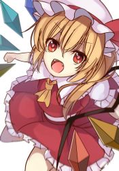 Rule 34 | 1girl, ascot, blonde hair, bow, crystal, fang, flandre scarlet, hat, hat bow, hat ribbon, janne cherry, mob cap, open mouth, puffy short sleeves, puffy sleeves, red eyes, ribbon, short sleeves, side ponytail, simple background, skirt, skirt set, solo, touhou, white background, wings, wrist cuffs