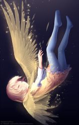 Rule 34 | 1girl, artist name, black background, blue pantyhose, brown dress, closed eyes, commentary, copyright name, dress, falling, fallstreak, feathered wings, full body, highres, layered sleeves, light brown hair, long sleeves, no shoes, pantyhose, parted lips, rimuu, short over long sleeves, short sleeves, soles, solo, sparkle, transparent, transparent wings, watermark, web address, wings, yellow wings