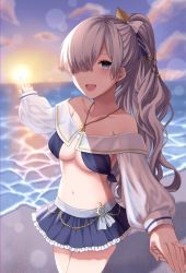 Rule 34 | 1girl, anastasia (fate), anastasia (swimsuit archer) (fate), anastasia (swimsuit archer) (third ascension) (fate), beach, bikini, bikini skirt, blue bikini, blue eyes, bow, breasts, commentary request, fate/grand order, fate (series), hair bow, hair over one eye, highres, jewelry, leaf, long hair, looking at viewer, medium breasts, midriff, navel, necklace, ocean, outdoors, pointing, ponytail, pov, pov hands, silver hair, sunset, swimsuit, underboob, white bow, zhu li