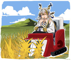 Rule 34 | 1girl, :d, arknights, bare shoulders, blue hair, blue sky, border, closed eyes, cloud, colored skin, combine harvester, day, donki (yeah), dot nose, dragon girl, dragon horns, driving, earrings, facing viewer, field, green hair, grey hair, hair between eyes, hair intakes, highres, horns, jacket, jewelry, mountainous horizon, multicolored hair, necklace, off shoulder, open clothes, open jacket, open mouth, outdoors, pointy ears, rice (plant), shirt, shu (arknights), sidelocks, sky, smile, solo, strapless, strapless shirt, streaked hair, tassel, tassel earrings, twitter username, upper body, white border, white jacket, white shirt