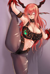Rule 34 | 1girl, animal ears, armband, armpits, ass, bare shoulders, belt, belt bra, black legwear, blush, breasts, chaos (dungeon and fighter), choker, cleavage, dungeon and fighter, etidekailo, grey eyes, horns, knight (dungeon and fighter), large breasts, long hair, looking at viewer, navel, one eye closed, open mouth, pink hair, solo, split, standing, standing on one leg, standing split, thighs, torn clothes, torn legwear